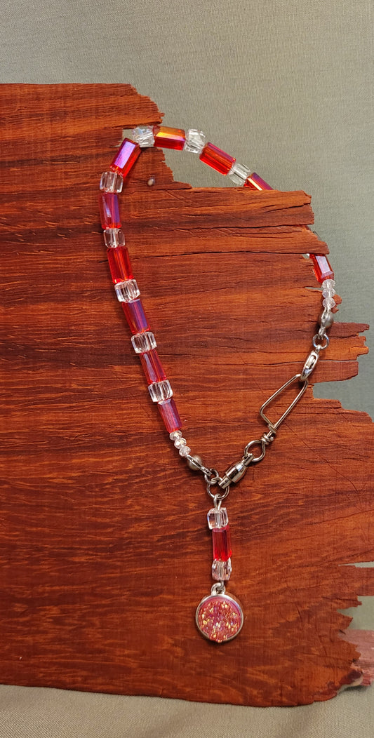 RED AND CLEAR GLASS BEADS WITH "DRUZY" PENDANT